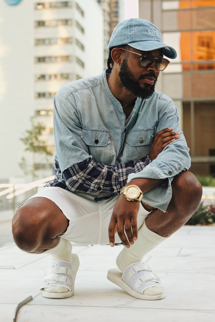 The Art of Drawing Readers In: Your attractive post title goes here Stylish African American man crouching in downtown Los Angeles, wearing denim and casual attire.