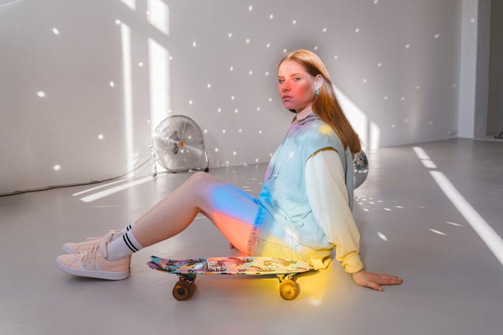 pexels photo 7081135 Stylish young woman sitting indoors with a colorful skateboard under vibrant lighting.